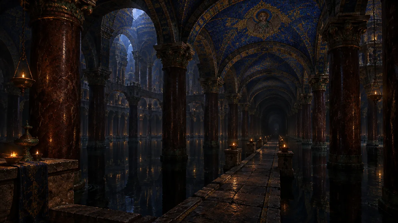 The Lapis Cisterns: hutan tiang porfiri di bawah kubah mosaik biru, air hitam yang diam, jalan batu sempit menuju gelap.