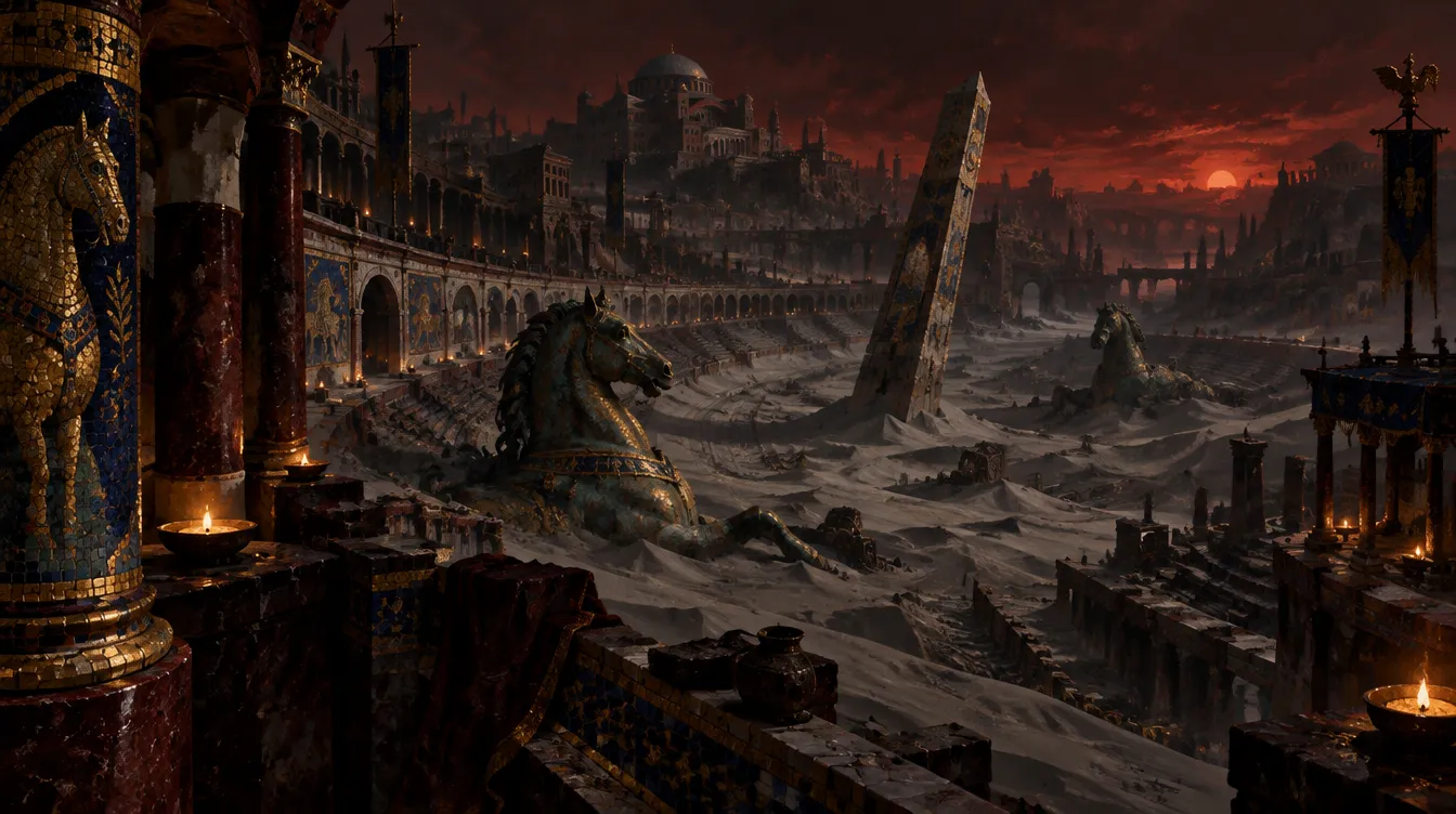 The Hippodrome of Ash: arena pacuan yang tenggelam dalam abu kelabu, patung kuda perunggu setengah terkubur, tugu batu miring di bawah langit merah.
