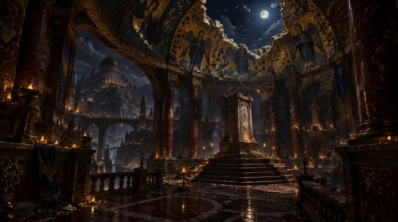 The Last Apse: kubah mosaik emas yang pecah dan terbuka ke langit malam, alas batu kosong di tengah, bulan purnama di atas.